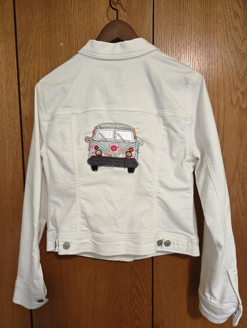 OOAK Womens White Denim Jacket, patch-embroidered Denim Jacket